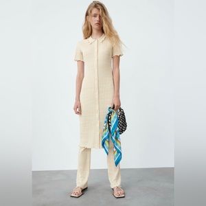 Rib Polo Dress & Flared Rib Pants Beige